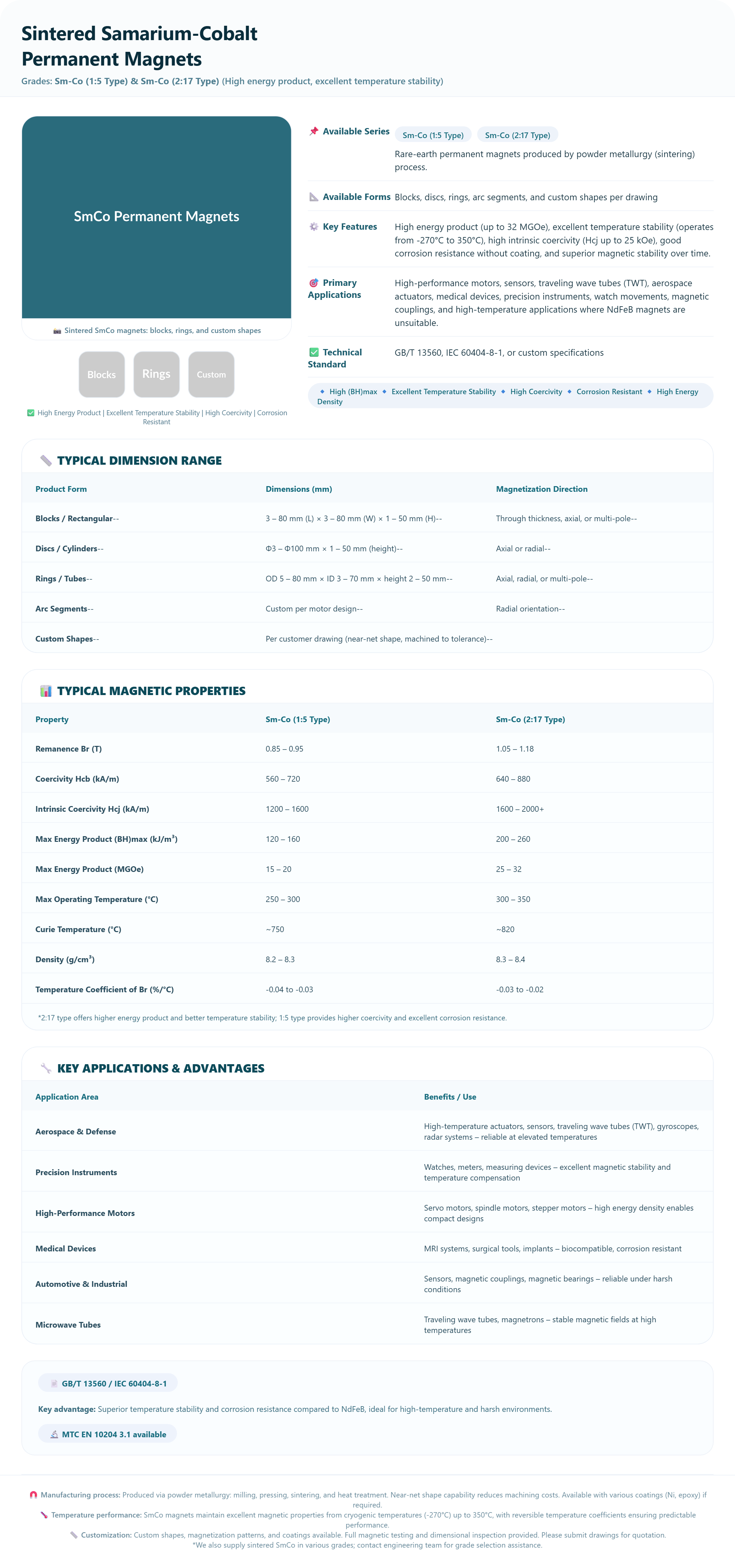 Sintered Samarium-Cobalt (SmCo) Permanent Magnets | 1:5 & 2:17 Type High Temp Stability
