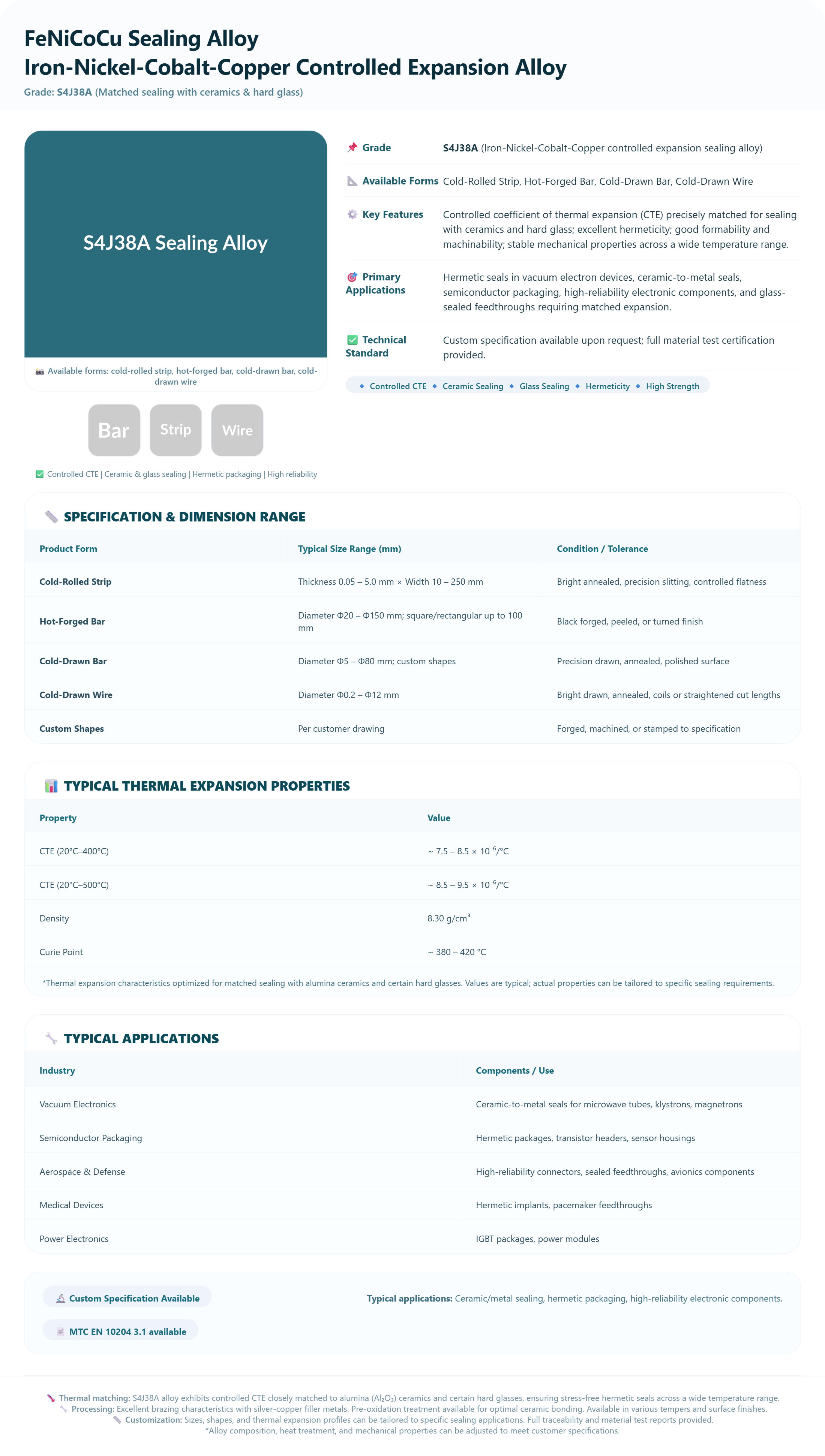 S4J38A Sealing Alloy | FeNiCoCu Controlled Expansion Alloy for Ceramic & Glass Sealing