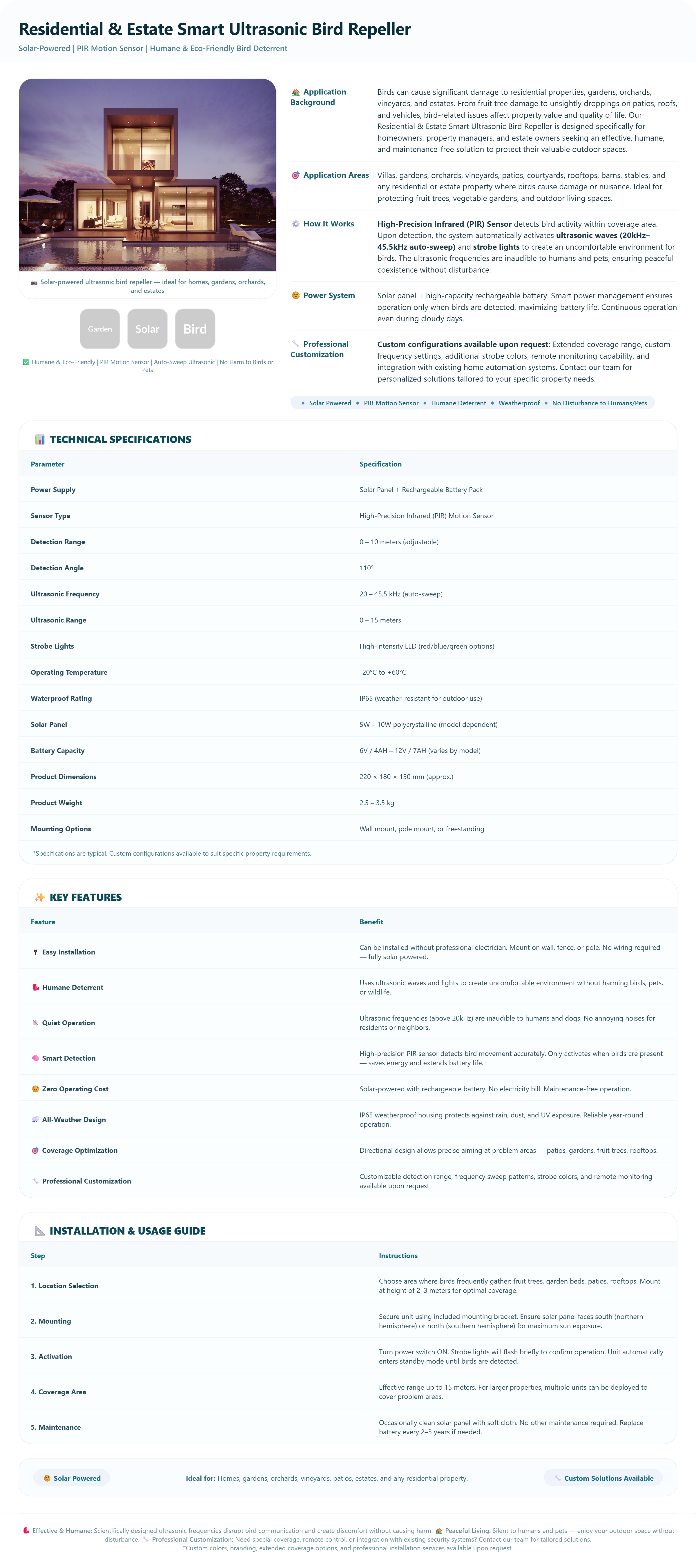 Solar-Powered Smart Ultrasonic Bird Repeller | Humane Deterrent for Residential & Estate