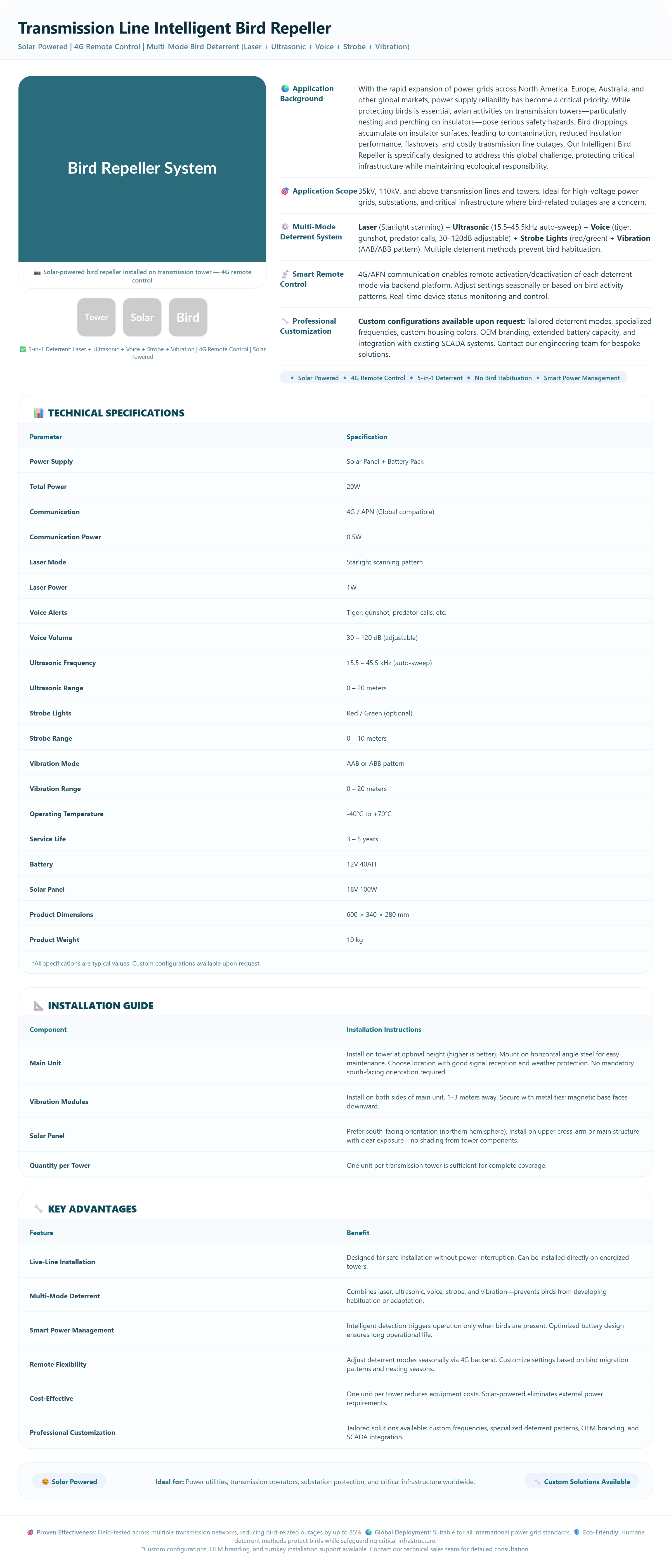 Transmission Line Intelligent Bird Repeller | Solar-Powered 4G Remote Control Deterrent